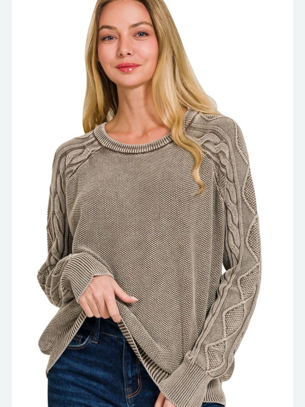 🤎 Zenana Women’s Stone Washed Cable Knit Sleeve Crewneck Sweater Mocha - Medium